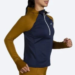 BROOKS Women's Notch Thermal Hoodie 2.0 (398 - Burnt Olive/Navy/Ice Blue) -Brooks 221568 398 mv notch thermal hoodie womens long sleeve running shirt